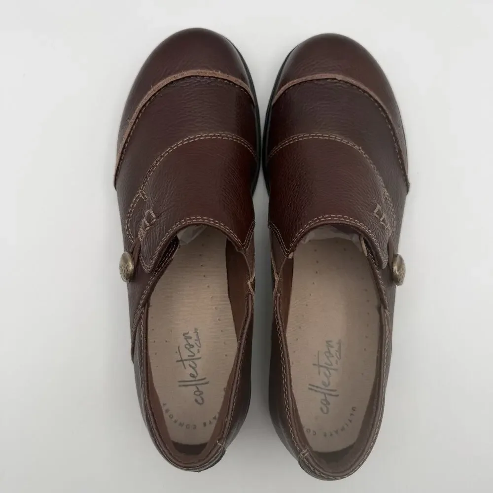 Clarks Cora Poppy‎ Brown Leather Women's Shoes Sz 7 M Button Loop Loafers